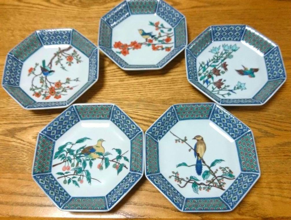 九谷焼 青郊窯 絵変わり 八角皿揃 5枚セット 中皿 和皿 銘々皿 色絵